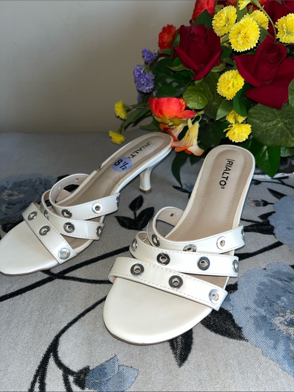 Rialto White Open-Toe Grommet Mule Heels
